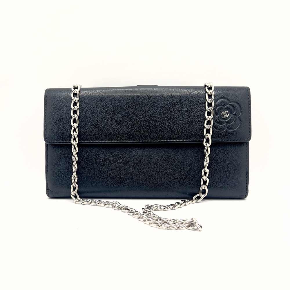 Authentic CHANEL CC Black Camellia Calfskin Leather Long Wallet W/ Serial Card - Picture 2 of 12